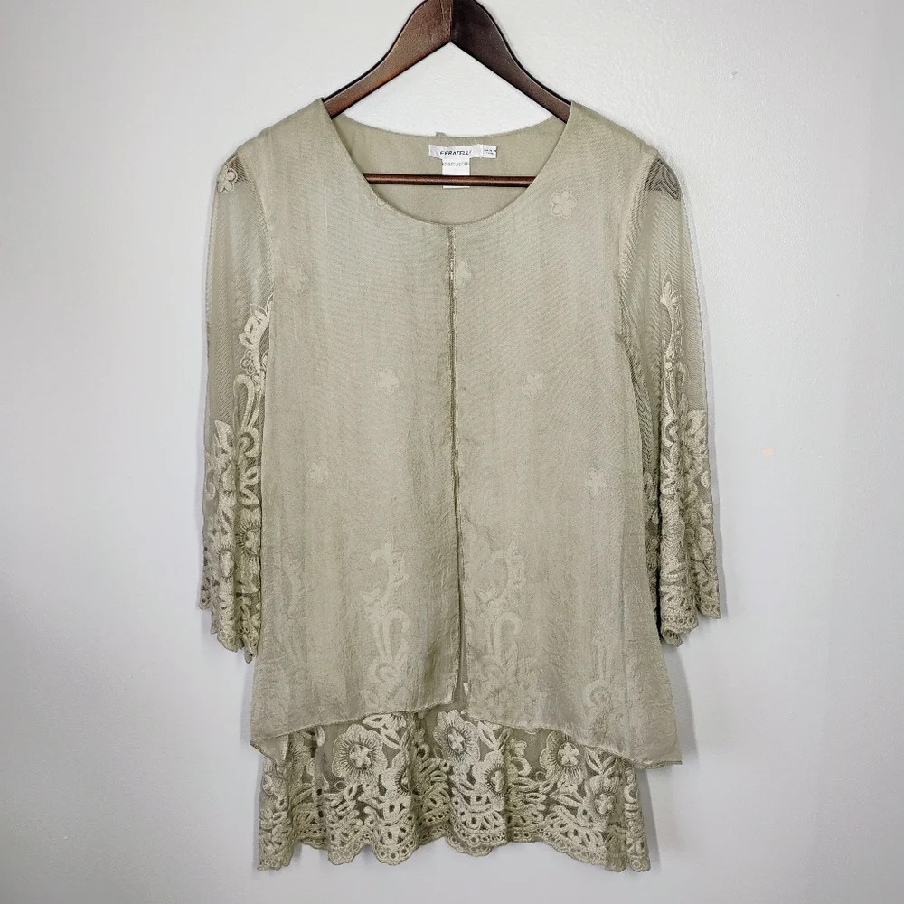 Feratelli Sheer Lace Layered Long Flowy Top Green Lagenlook Fairycore Size Small